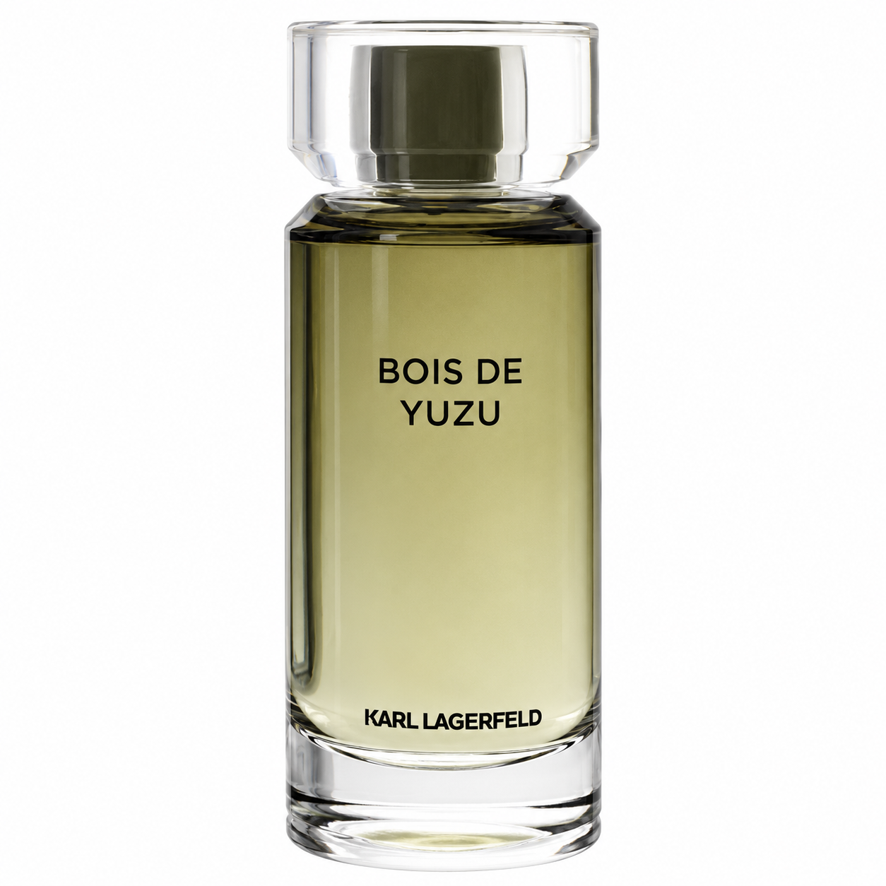 Karl Lagerfeld Bois de Yuzu perfume bottle with a clear glass body, olive-green liquid, and a metallic silver cap, shown on a white background. 100ml