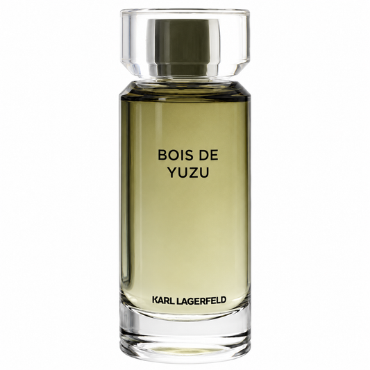 Karl Lagerfeld Bois de Yuzu perfume bottle with a clear glass body, olive-green liquid, and a metallic silver cap, shown on a white background. 100ml