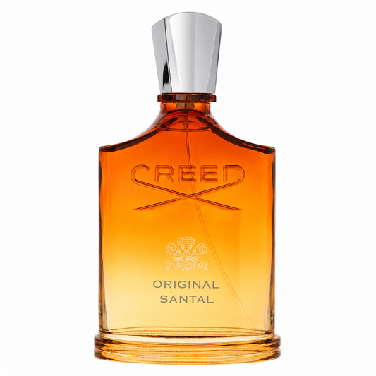 Creed Original Santal perfume bottle in amber glass with a polished silver cap, shown on a solid white background. 100ml