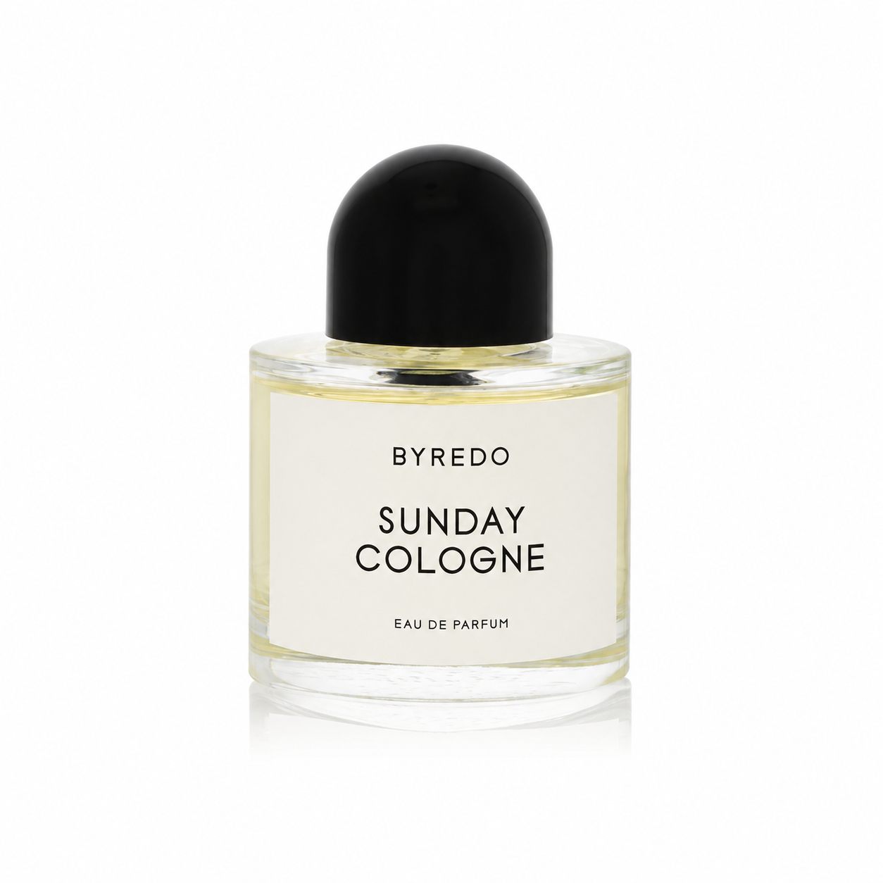A clear glass bottle of Byredo Sunday Cologne Eau de Parfum with a black dome-shaped cap and a white label, shown on a clean white background.
