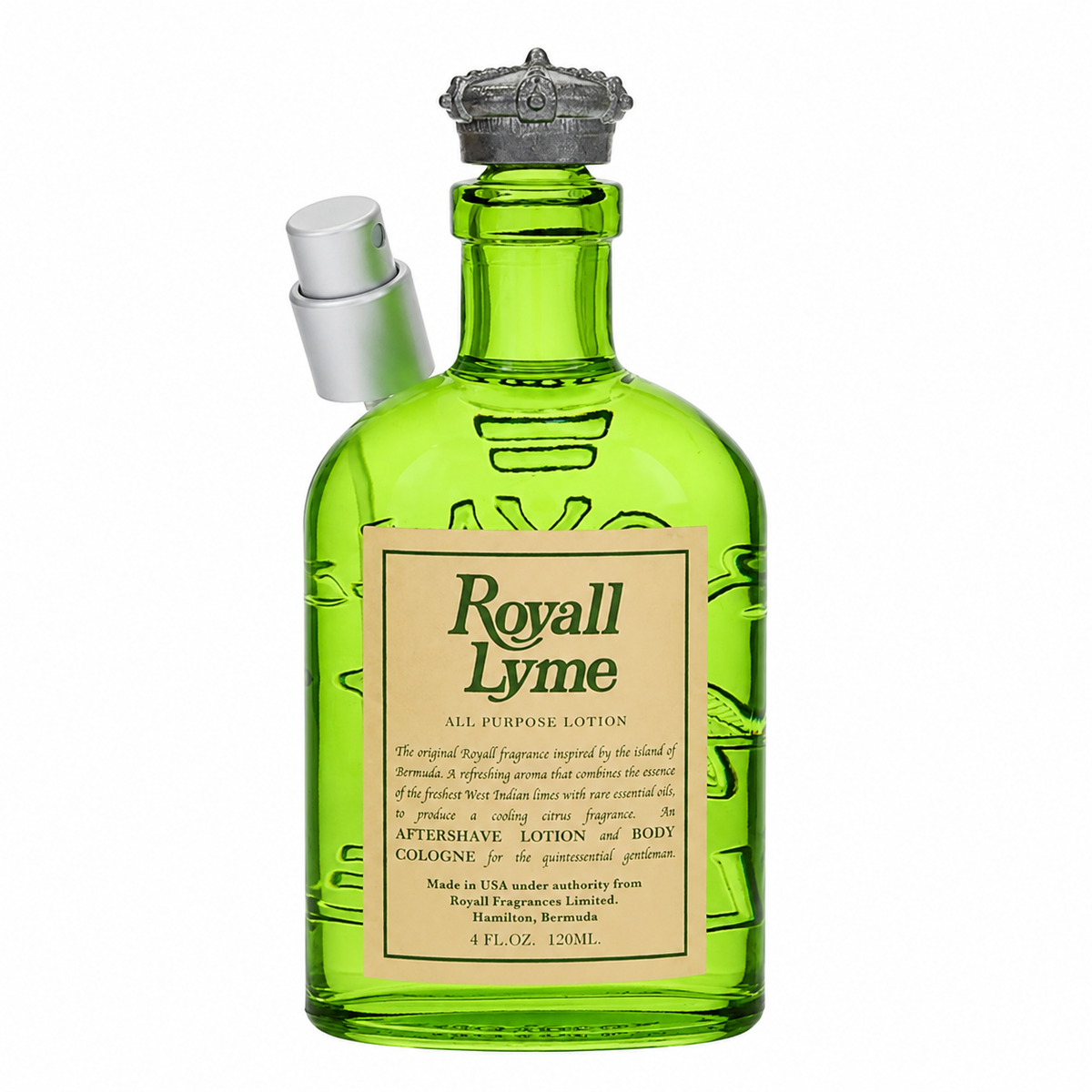 A green glass bottle of Royall Lyme All Purpose Lotion with a beige label and a silver spray nozzle attached to the side, shown on a white background. 120ml
