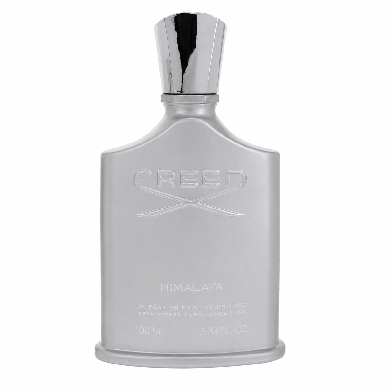 Creed Himalaya 100ml perfume bottle in a brushed silver metallic finish with a matching silver cap, shown against a plain white background.