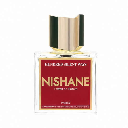 Nishane Extrait de Parfum by Hundred Silent Ways in a square clear glass bottle with a metallic gold cap and a deep red label featuring gold lettering. 100ml
