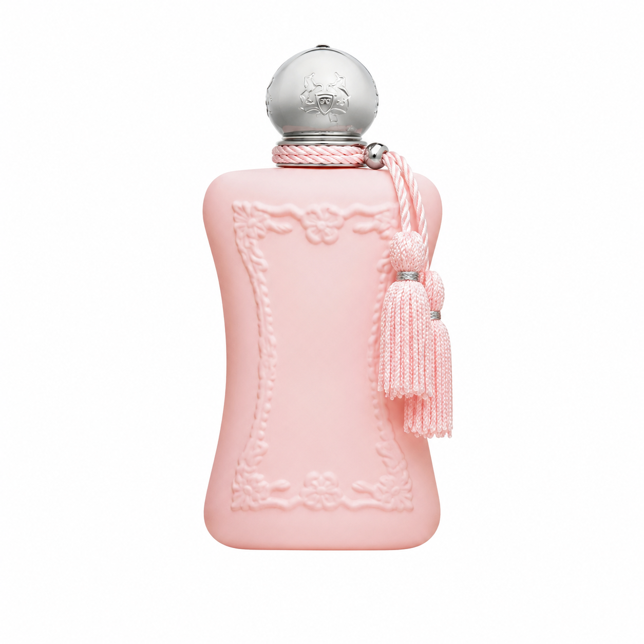 Parfums de Marly Delina – elegant rose and lychee perfume in soft pink matte bottle with silver tassel. 75ml