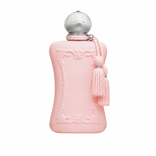 Parfums de Marly Delina – elegant rose and lychee perfume in soft pink matte bottle with silver tassel. 75ml