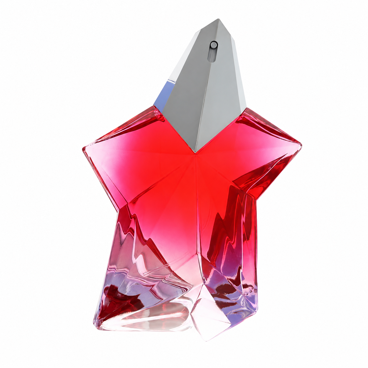 A star-shaped perfume bottle with a faceted red-to-pink gradient body and a metallic silver cap, isolated on a white background. 100ml