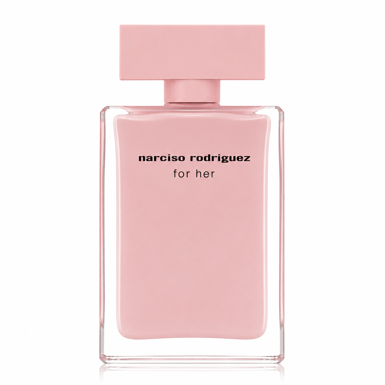 Narciso Rodriguez For Her Eau de Toilette perfume bottle in a soft pastel pink color, featuring a clear glass body and a matching rectangular cap, set against a plain white background. 100ml