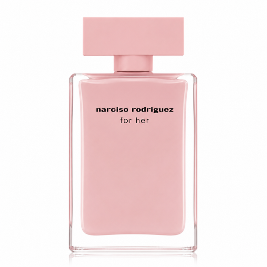 Narciso Rodriguez For Her Eau de Toilette perfume bottle in a soft pastel pink color, featuring a clear glass body and a matching rectangular cap, set against a plain white background. 100ml