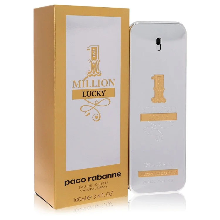 Rabanne 1 Million Lucky Eau de Toilette bottle, a bold woody gourmand men’s fragrance with plum, grapefruit, hazelnut, honey, cedar, patchouli, and amberwood 100ml