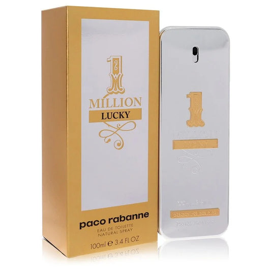 Rabanne 1 Million Lucky Eau de Toilette bottle, a bold woody gourmand men’s fragrance with plum, grapefruit, hazelnut, honey, cedar, patchouli, and amberwood 100ml