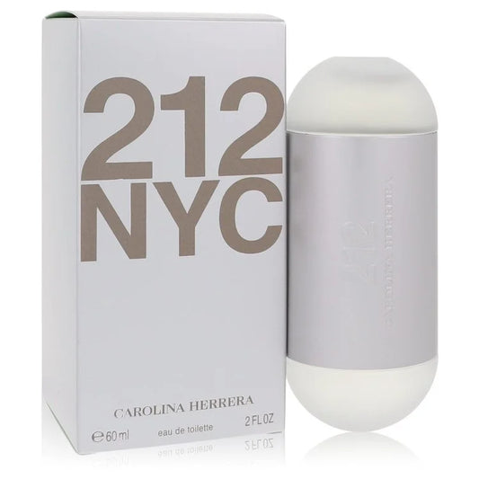 Bottle of Carolina Herrera 212 NYC for Her Eau de Toilette with sleek metallic design and a New York cityscape background 60ml