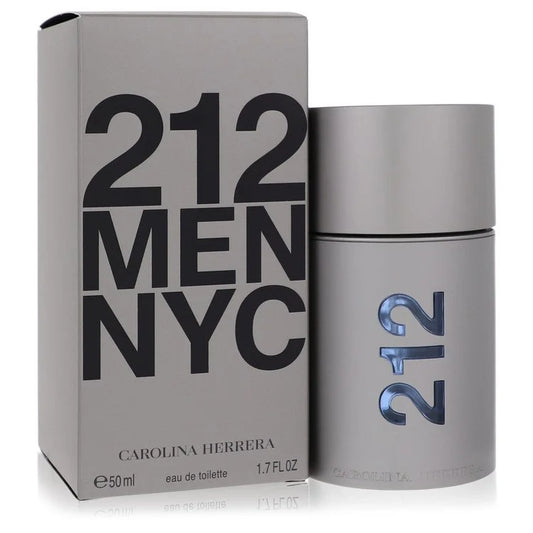 Bottle of Carolina Herrera 212 NYC for Him Eau de Toilette with sleek silver packaging and New York cityscape in the background 50ml