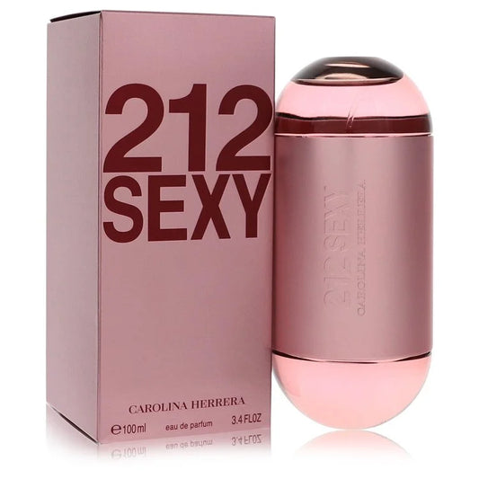 Bottle of Carolina Herrera 212 Sexy Eau de Parfum with soft pink hues and a seductive nighttime city backdrop 100ml