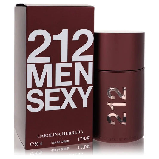 Bottle of Carolina Herrera 212 Sexy for Him Eau de Toilette with sleek dark design and nighttime city background 50ml