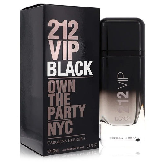 Bottle of Carolina Herrera 212 VIP Black Eau de Parfum with matte black finish and a seductive, nighttime city backdrop 100ml