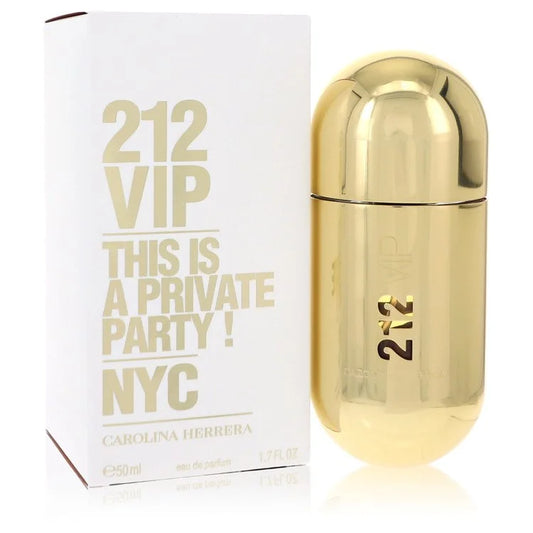 Bottle of Carolina Herrera 212 VIP Eau de Parfum for Women with sleek gold packaging and a glamorous party-themed backdrop 50ml