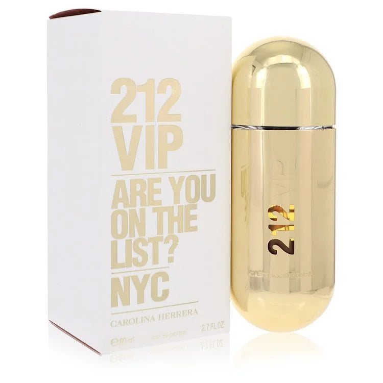 Bottle of Carolina Herrera 212 VIP Eau de Parfum for Women with sleek gold packaging and a glamorous party-themed backdrop 80ml