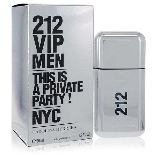 Bottle of Carolina Herrera 212 VIP for Men Eau de Toilette with metallic gold finish and NYC nightlife backdrop 50ml