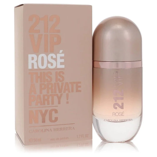Bottle of Carolina Herrera 212 VIP Rosé Eau de Parfum in sleek rose gold design with sparkling champagne and floral elements 50ml