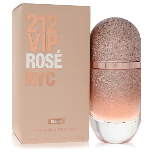 Bottle of Carolina Herrera 212 VIP Rosé Elixir Eau de Parfum Intense in shimmering rose gold with floral and cherry accents in a luxe setting 50ml