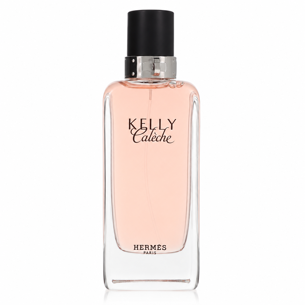 Hermès Kelly Calèche – soft floral leather perfume in elegant lock-shaped bottle with pink tint. 100ml