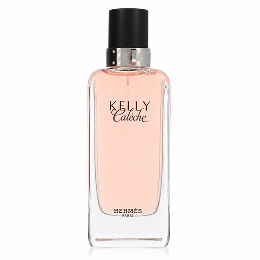Hermès Kelly Calèche – soft floral leather perfume in elegant lock-shaped bottle with pink tint. 100ml