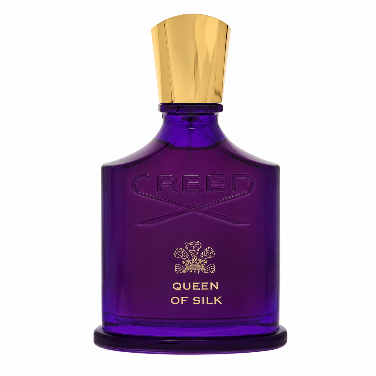 Creed Queen of Silk Eau de Parfum bottle in deep purple glass with a metallic gold cap, on a white background. 75ml