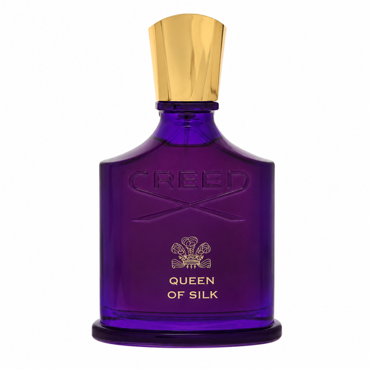 Creed Queen of Silk Eau de Parfum bottle in deep purple glass with a metallic gold cap, on a white background. 75ml