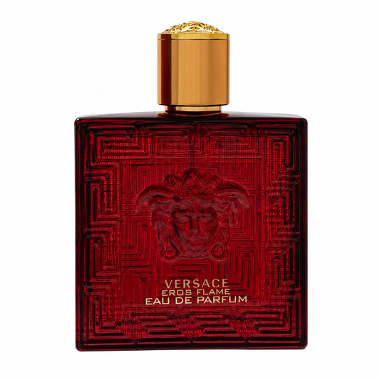 Versace Eros Flame – fiery spicy woody scent in bold red bottle with golden Medusa logo. 100ml