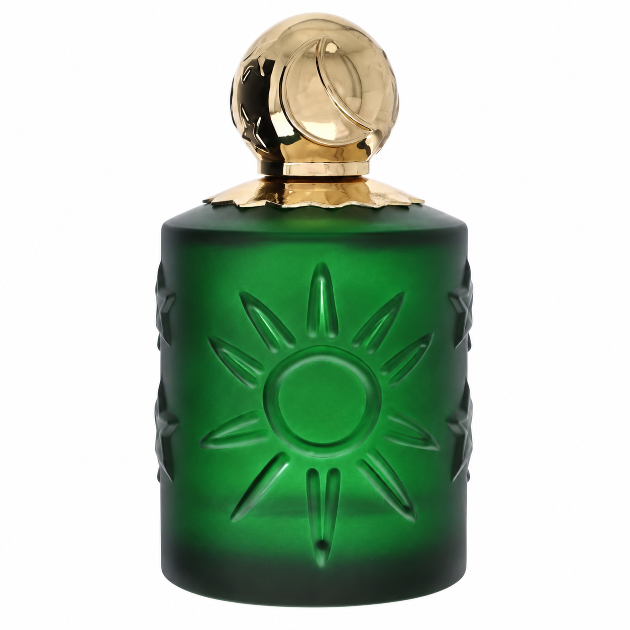 Sun Moon Stars Royal Emerald Pour Homme Eau de Parfum for Men 100ml Green bottle with gold cap and sun design on bottle. 