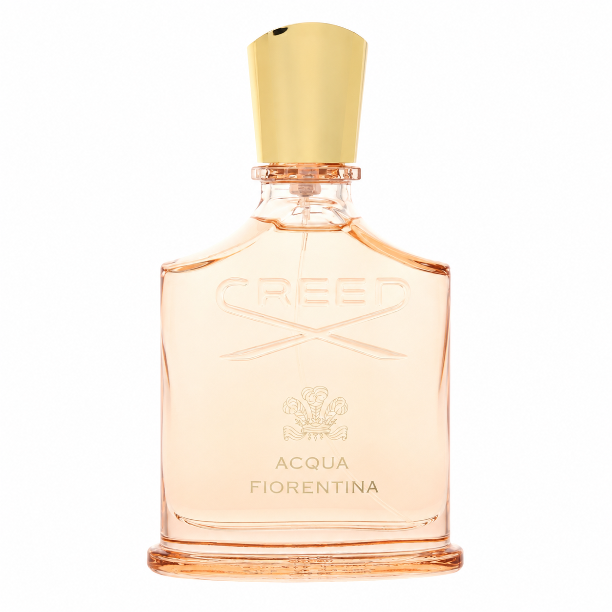 Creed Acqua Fiorentina Eau de Toilette bottle, featuring a clear glass bottle filled with pale peach-colored liquid, a gold cap, and gold lettering on the front, set against a plain white background. 75ml