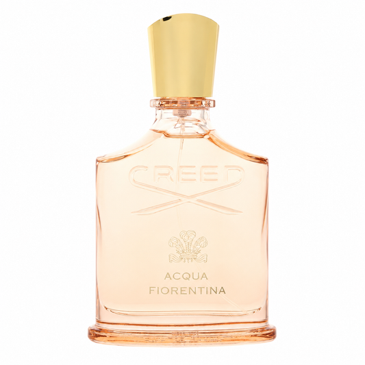 Creed Acqua Fiorentina Eau de Toilette bottle, featuring a clear glass bottle filled with pale peach-colored liquid, a gold cap, and gold lettering on the front, set against a plain white background. 75ml