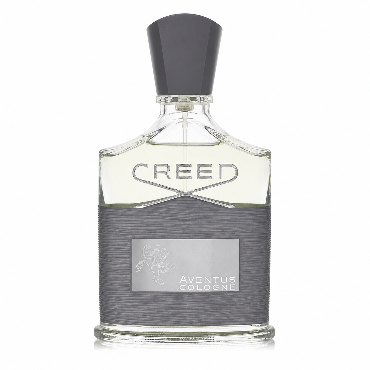 A bottle of Creed Aventus Cologne with a textured gray wrap around the neck and a dark gray cap, on a white background. 100ml