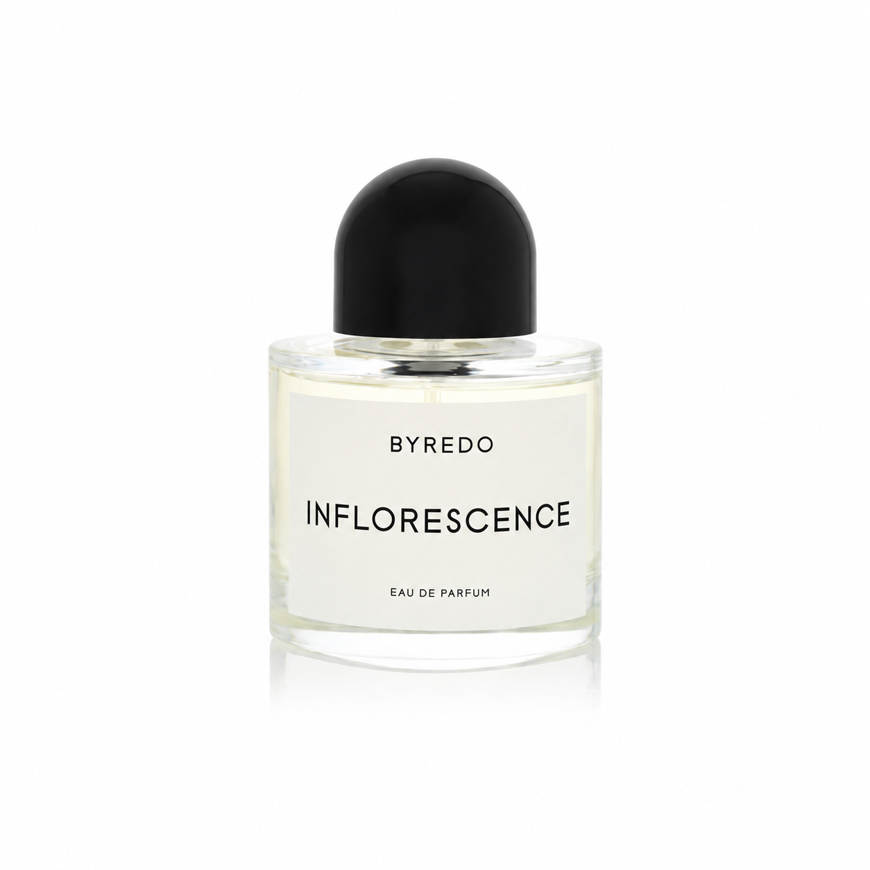Byredo Inflorescence Eau de Parfum bottle with a black dome cap and a white label, shown on a clean white background.