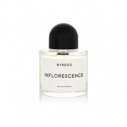 Byredo Inflorescence Eau de Parfum bottle with a black dome cap and a white label, shown on a clean white background.