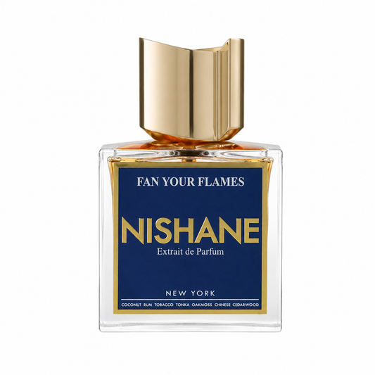 Nishane 'Fan Your Flames' Extrait de Parfum in a clear glass bottle with a metallic gold cap and a navy blue label with gold lettering, set against a plain white background. 100ml