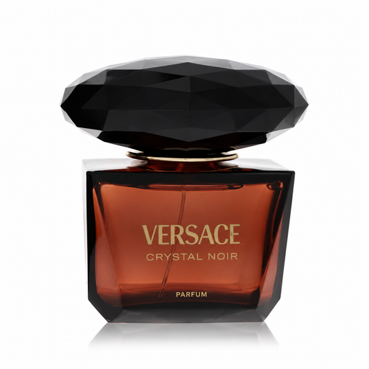 Versace Crystal Noir Parfum bottle with a faceted black cap and amber-brown glass body, shown on a white background. 90ml