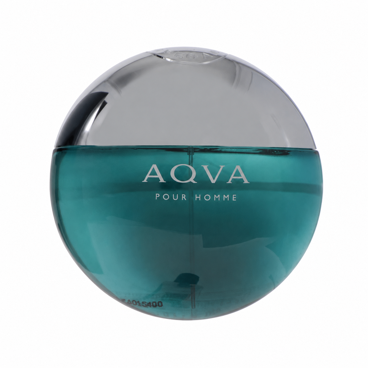 A spherical bottle of Aqva Pour Homme fragrance with a translucent teal lower half and a metallic silver upper dome, shown on a plain white background. 100ml