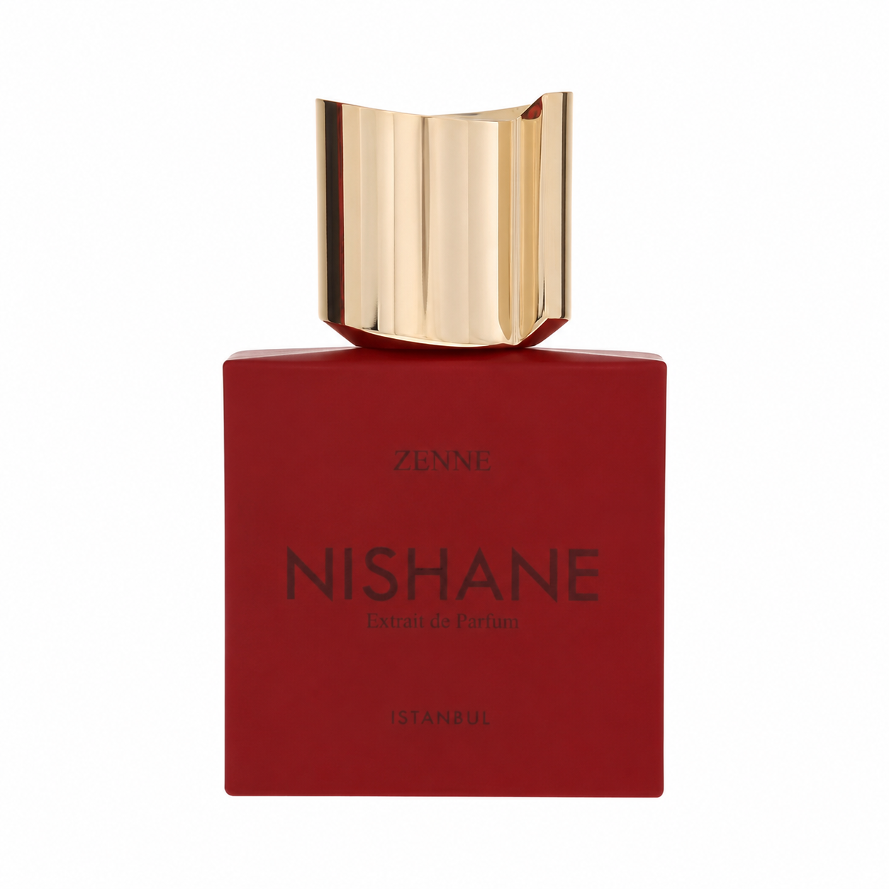 Zenne Nishane Eau de Parfum bottle, featuring a matte red rectangular glass bottle with a shiny gold metallic cap, set against a plain white background. 50ml