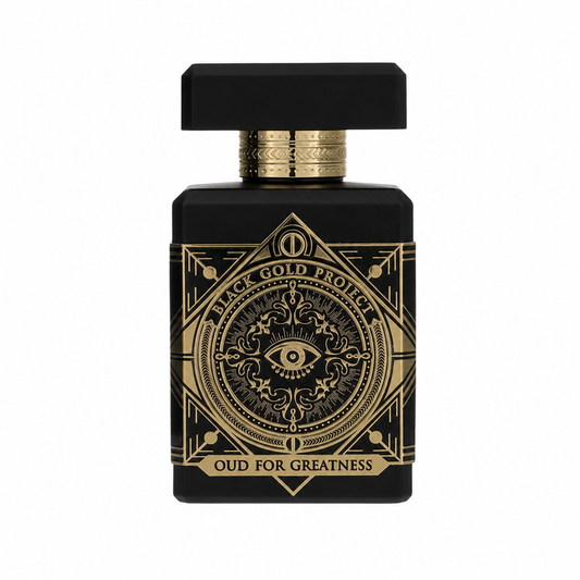 Initio Oud for Greatness – powerful oud and spice fragrance in bold black bottle with gold sacred geometry design. 90ml