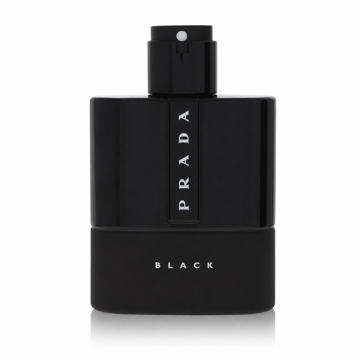 Bottle of Prada Luna Rossa Black Eau de Parfum for Men with sleek black design and moody amber-lit background 50ml