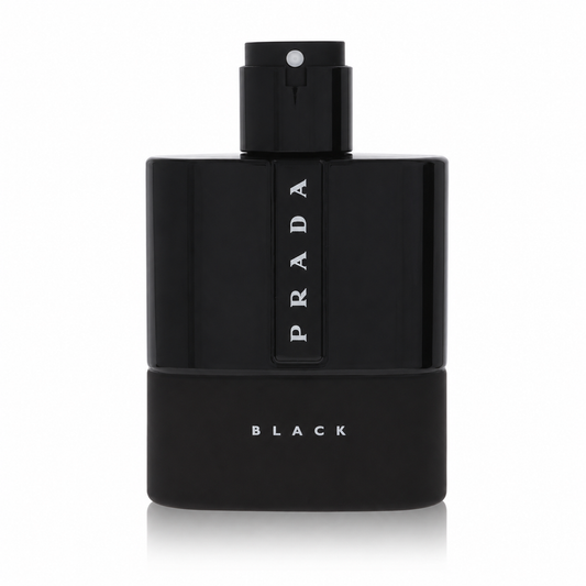 Bottle of Prada Luna Rossa Black Eau de Parfum for Men with sleek black design and moody amber-lit background 50ml