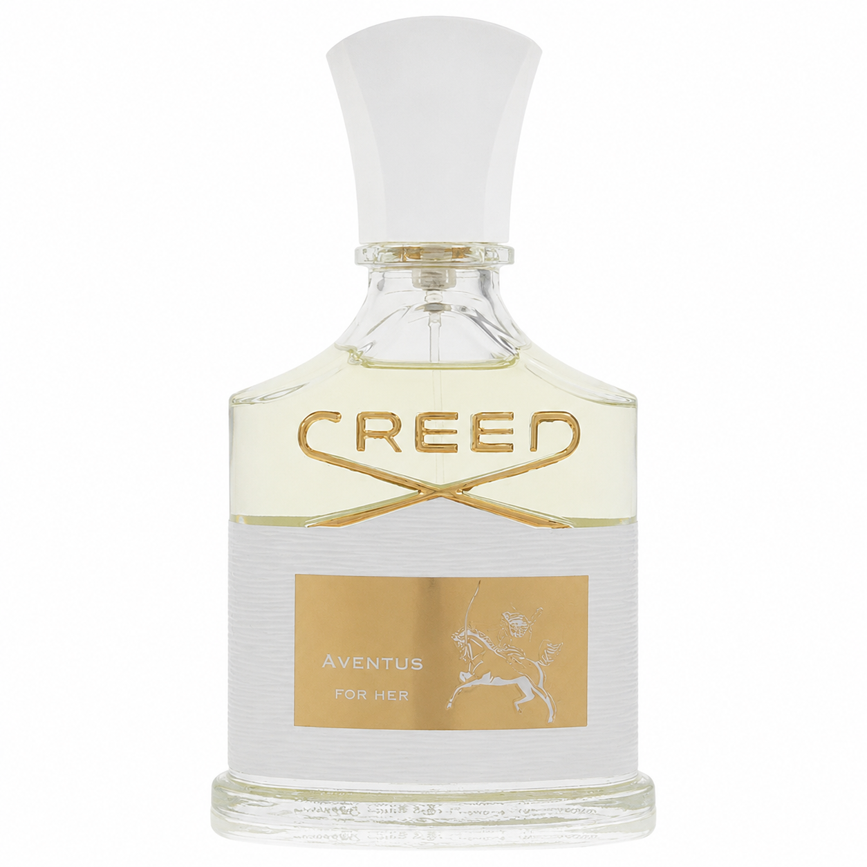 Creed Aventus For Her Eau de Parfum bottle, featuring a clear glass body with a textured white lower section, a gold logo and label, and a white conical cap, set against a plain white background. 75ml