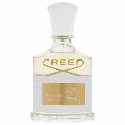 Creed Aventus For Her Eau de Parfum bottle, featuring a clear glass body with a textured white lower section, a gold logo and label, and a white conical cap, set against a plain white background. 75ml