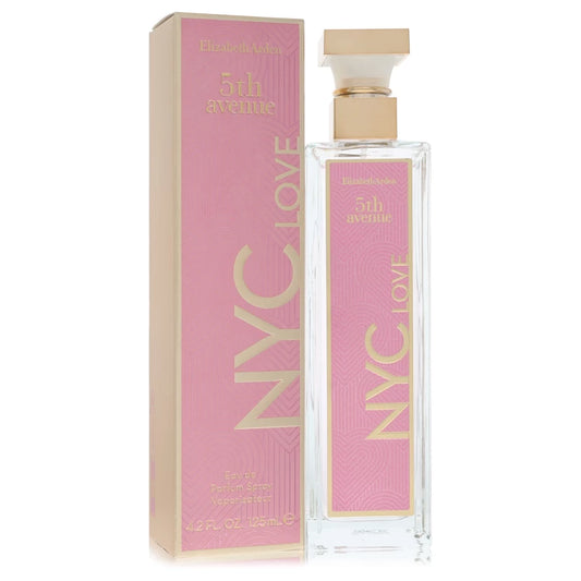 Pink and gold NYC 5th Avenue perfume bottle and packaging on a white background 125ml