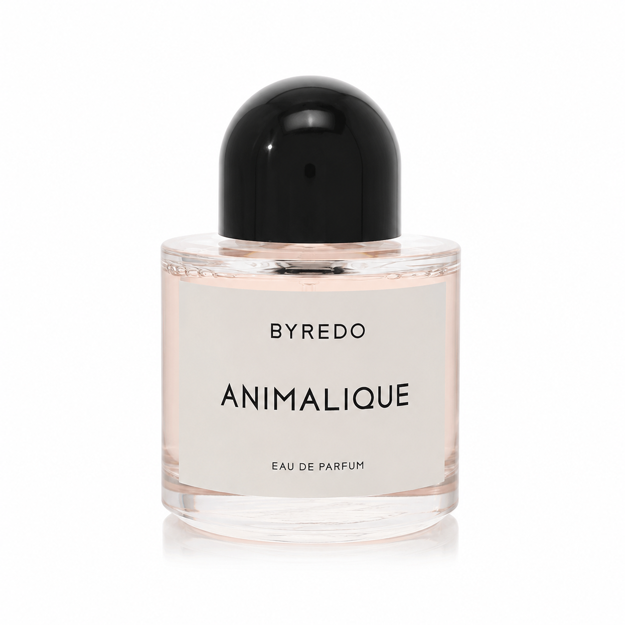 Byredo Animalique Eau de Parfum bottle with a black cap and a pale pink and white label, shown on a white background.
