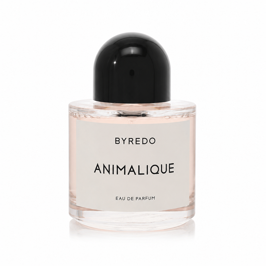 Byredo Animalique Eau de Parfum bottle with a black cap and a pale pink and white label, shown on a white background.