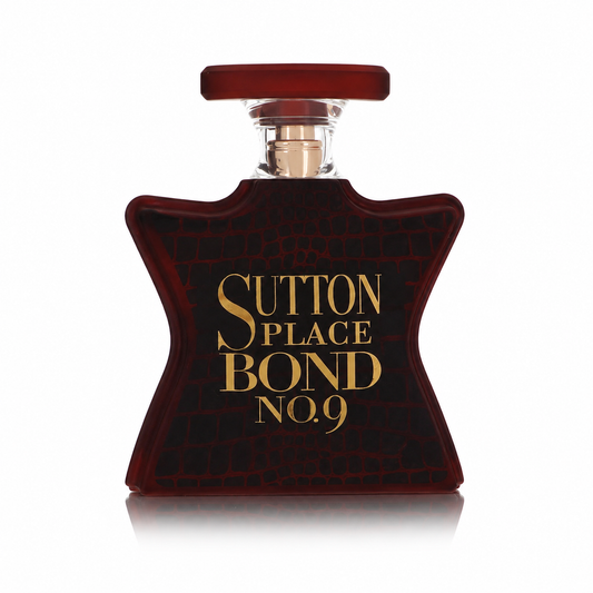 Bottle of Sutton Place by Bond No. 9 Eau de Parfum with dark gold detailing and a sleek, urban New York backdrop 100ml