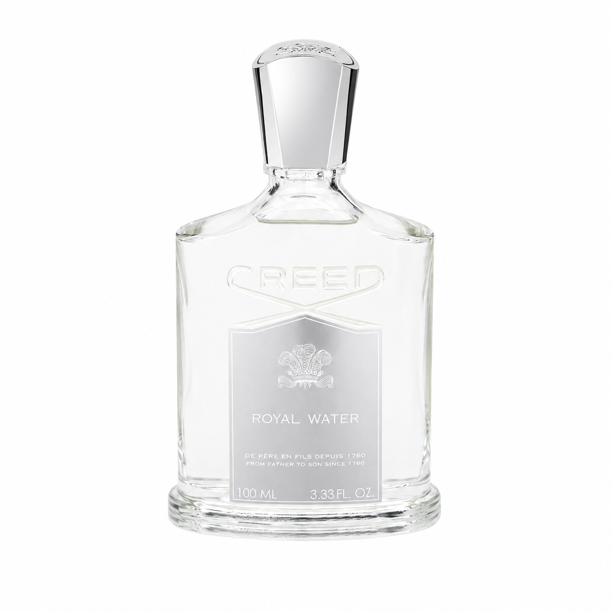 A 100ml bottle of Creed Royal Water Eau de Parfum, featuring a clear glass bottle with a silver-toned cap and a silver label, set against a plain white background. 