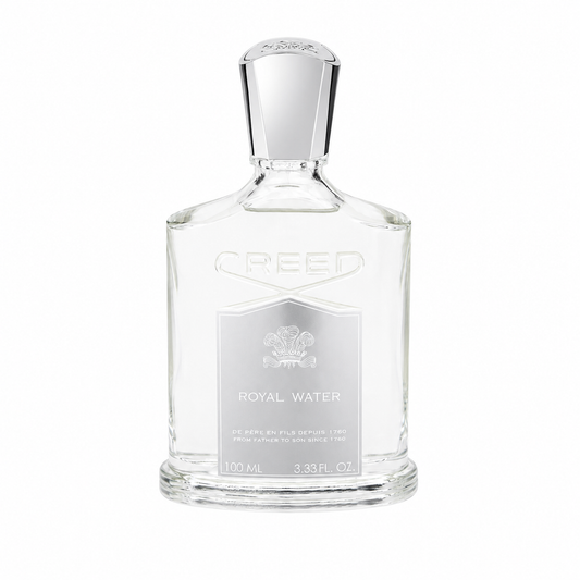 A 100ml bottle of Creed Royal Water Eau de Parfum, featuring a clear glass bottle with a silver-toned cap and a silver label, set against a plain white background. 